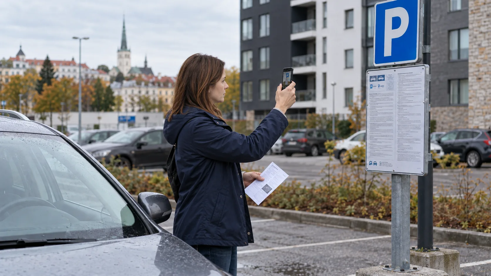 Naine pildistab parkimistingimuste tahvlit, hoides teises käes leppetrahviteadet