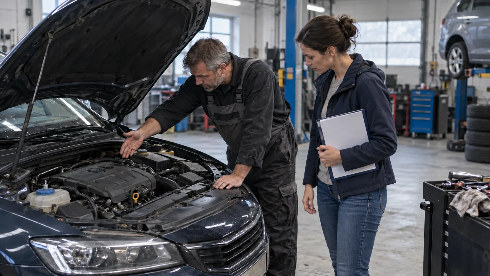 Mehaanik kontrollib töökojas kasutatud auto mootorit ostja juuresolekul