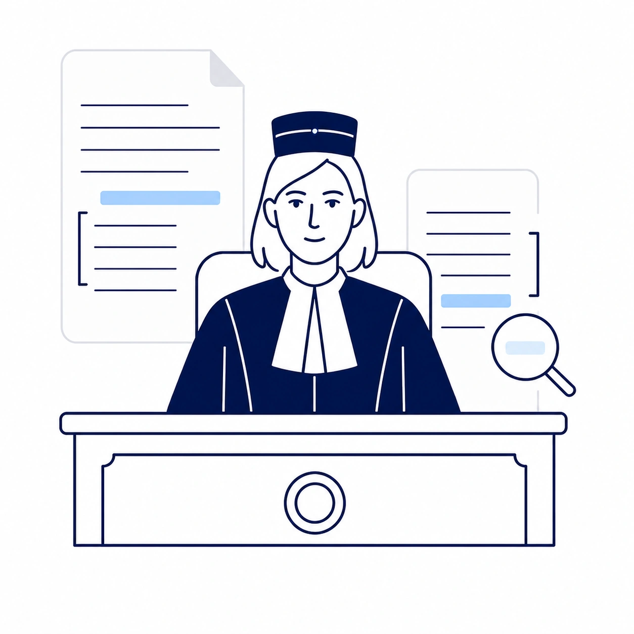 Judge at a lectern with court documents and a magnifying glass